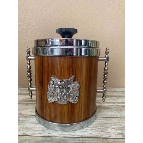 M Taka Other - Mid Century M Taka Japan Ice Bucket Teak-Tone Woodgrain Chrome Lid Retro Barware